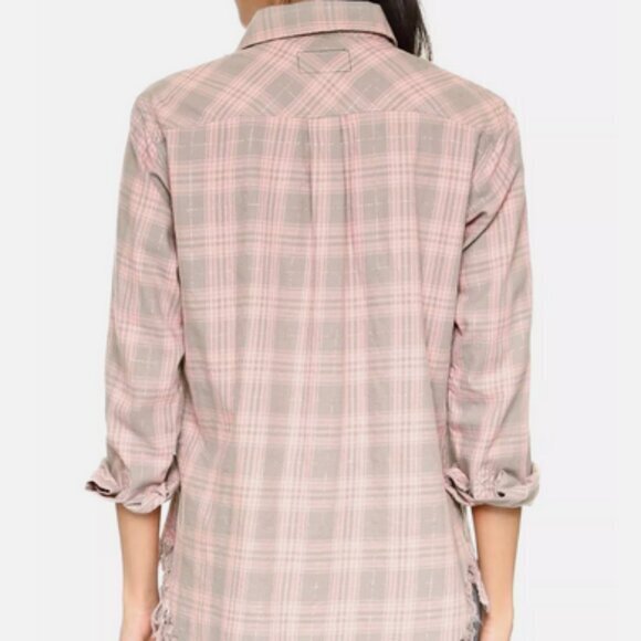 Current/Elliott Prep School Fray Button Up pink/gray plaid sz 0 - Picture 2 of 11